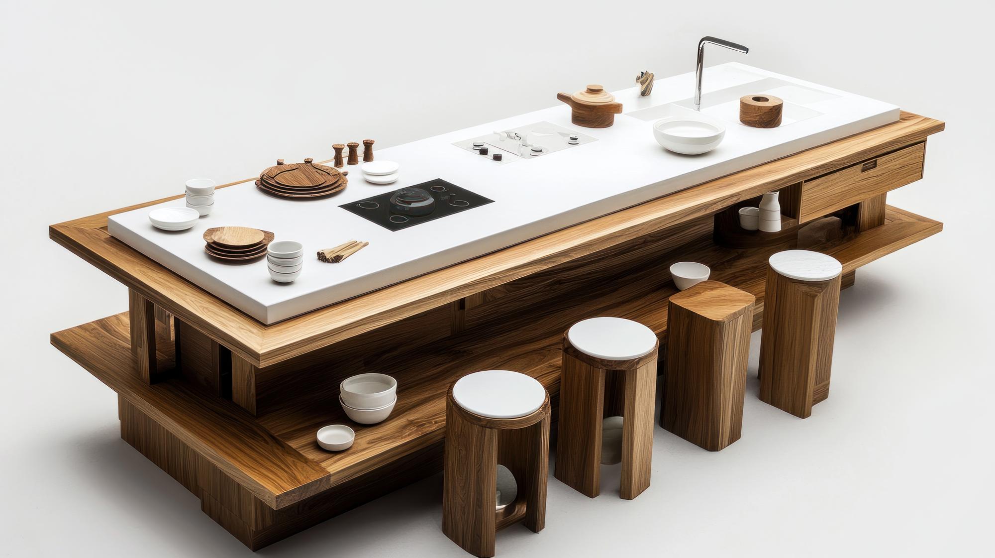 duży stół degustacyjny z prototype dish i narzędziami pomiarowymi